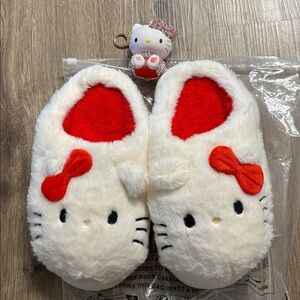 NIP Hello Kitty White Plush Slippers with Red Accents and keychain